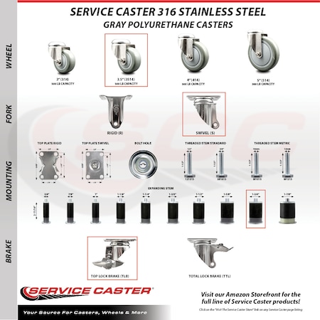 Service Caster 3.5 Inch 316SS Gray Polyurethane Swivel 1-3/4 Inch Expanding Stem Caster Brake SCC-SS316EX20S3514-PPUB-TLB-134